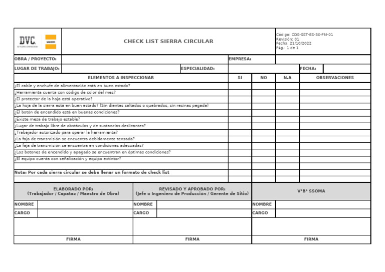 Checklist de Inspección Sierra Circular | PDF