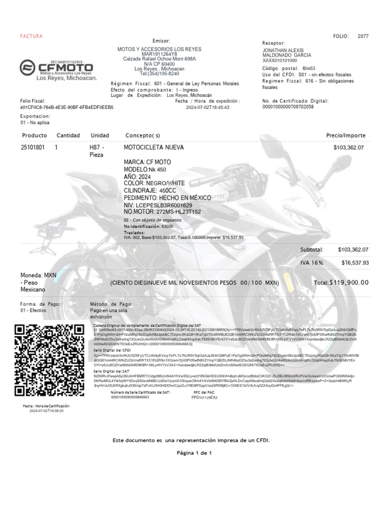 Factura de Motocicleta Nueva 2024 | PDF | Economias | Pagos