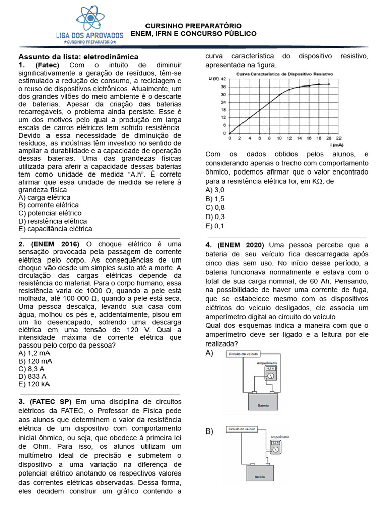 Questões de Eletrodinâmica para ENEM e Concursos | PDF | Rede elétrica ...
