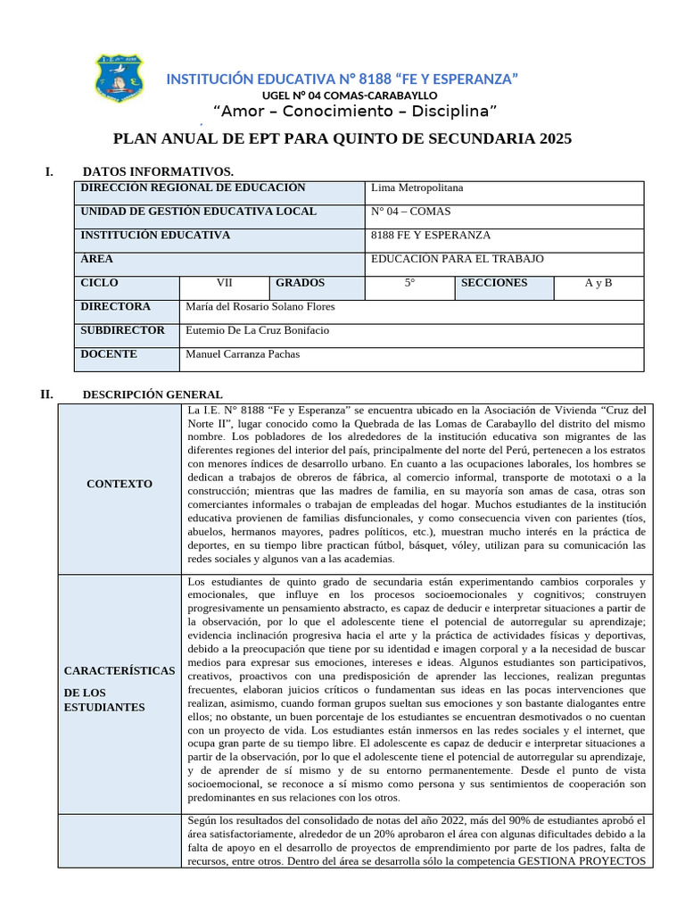 Plan Anual EPT Quinto Secundaria 2025 | PDF | Evaluación | Aprendizaje