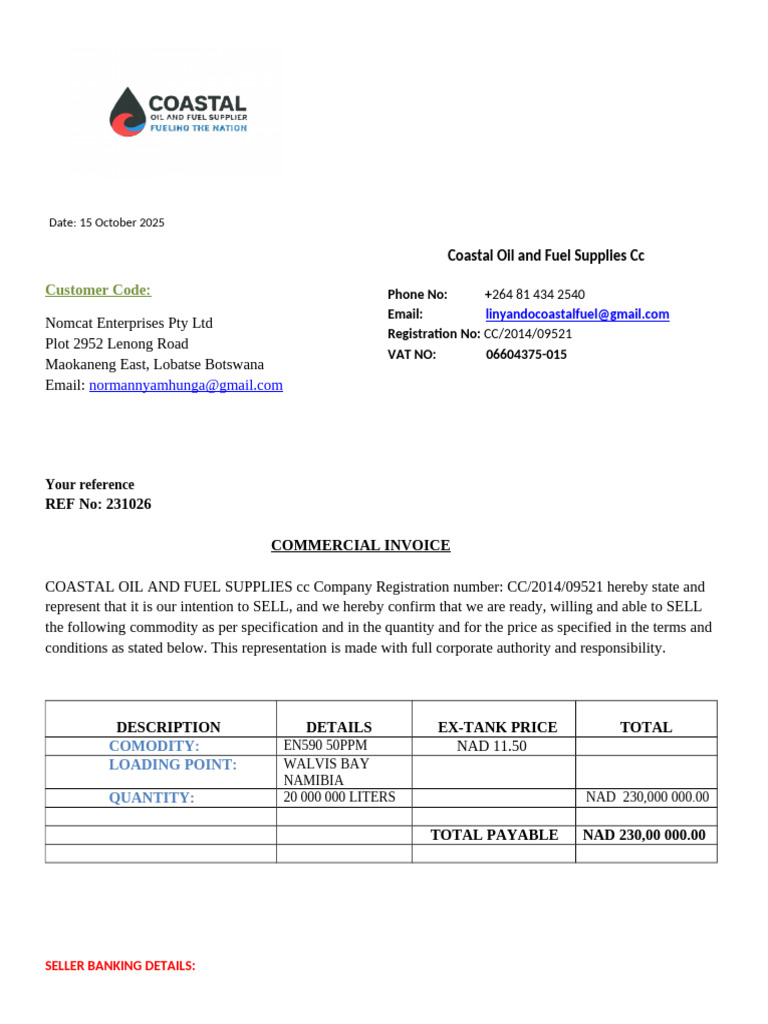 Commercial Invoice for Fuel Supply | PDF | Invoice | Business