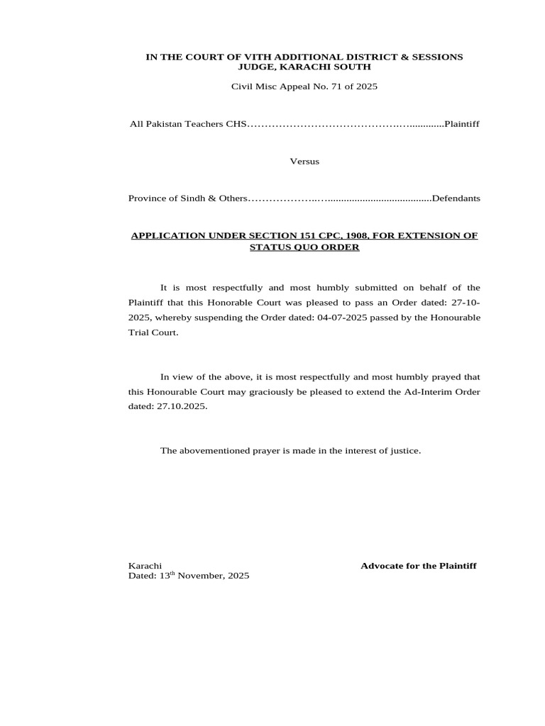 Application For Extension of Status Quo - Suit No. 6010 | PDF