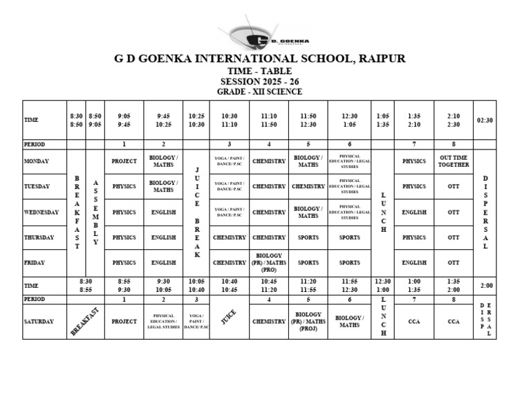 Grade XII Science Timetable 2025-26 | PDF