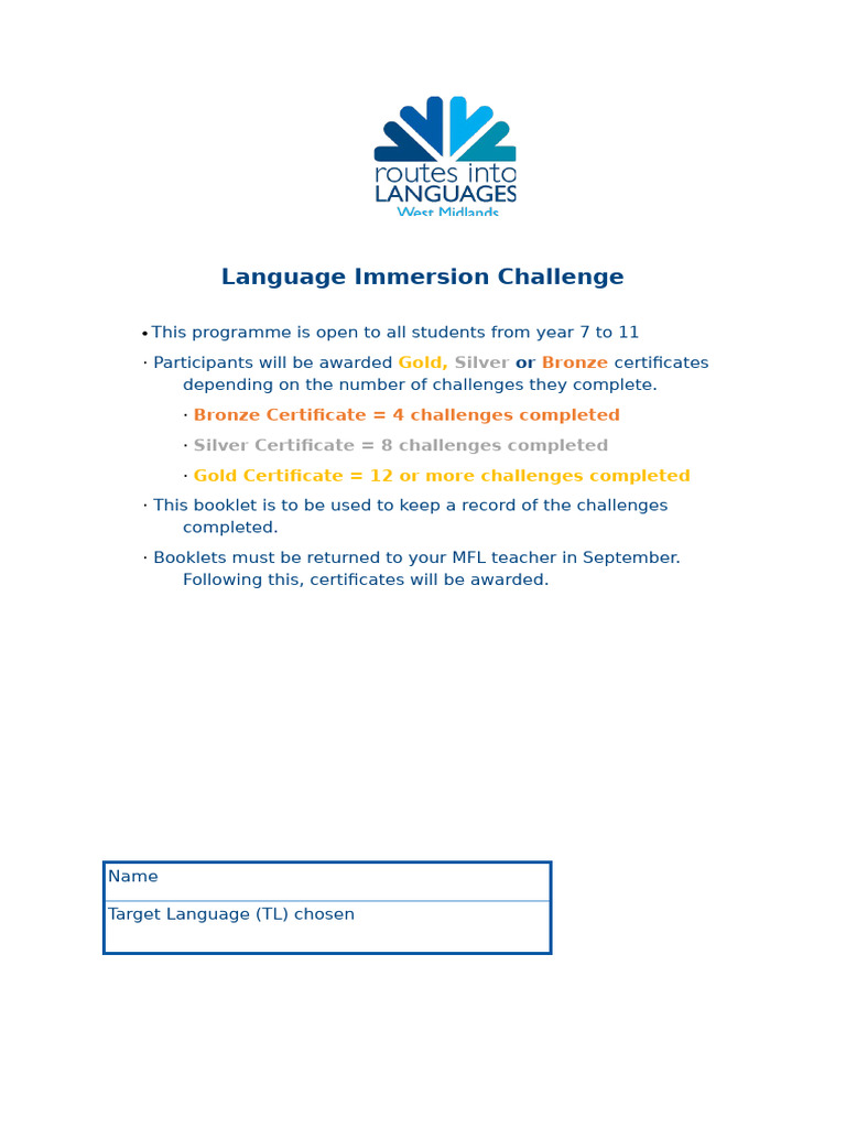 Language Immersion Challenge Guide | PDF