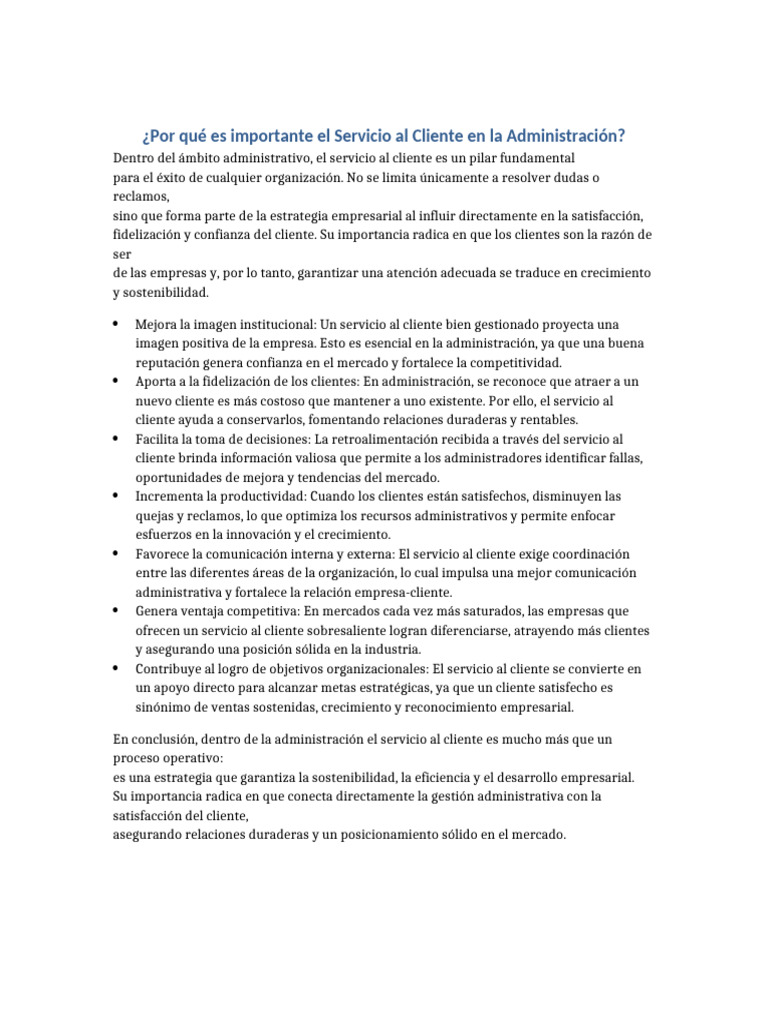 Importancia del Servicio al Cliente en Administración | PDF | Servicio ...