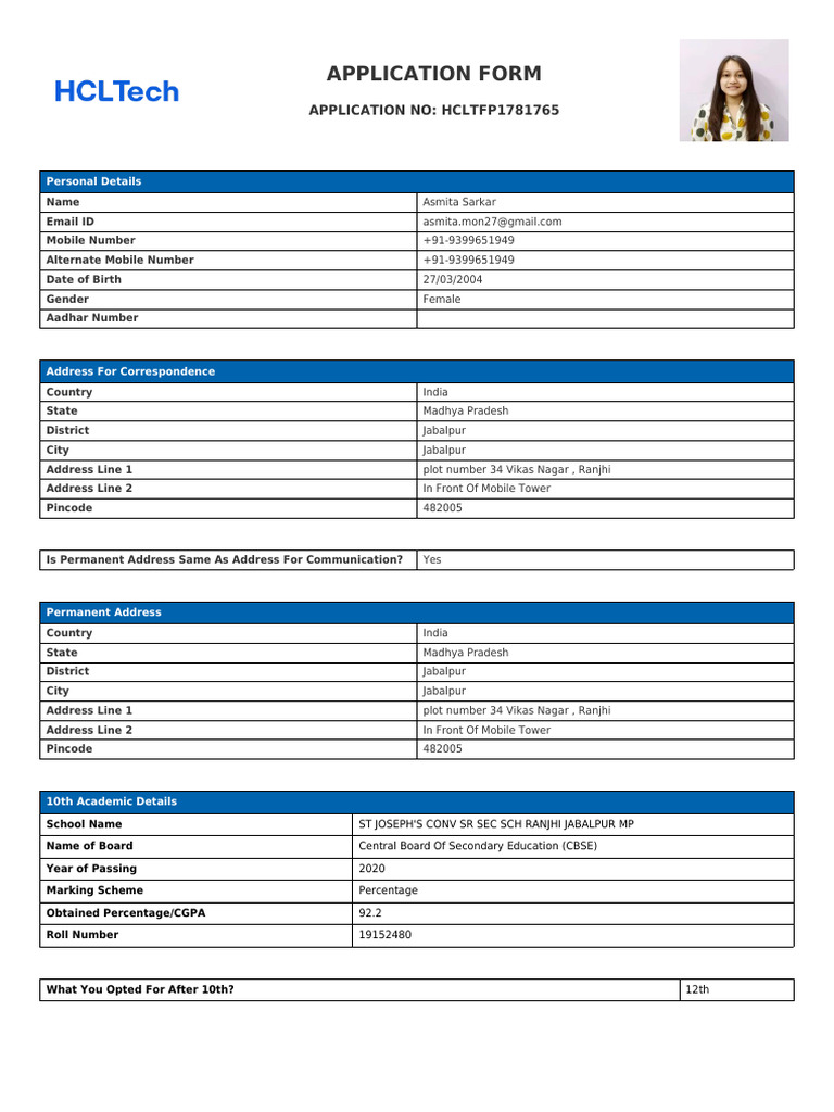 Application Form HCLTFP1781765 | PDF