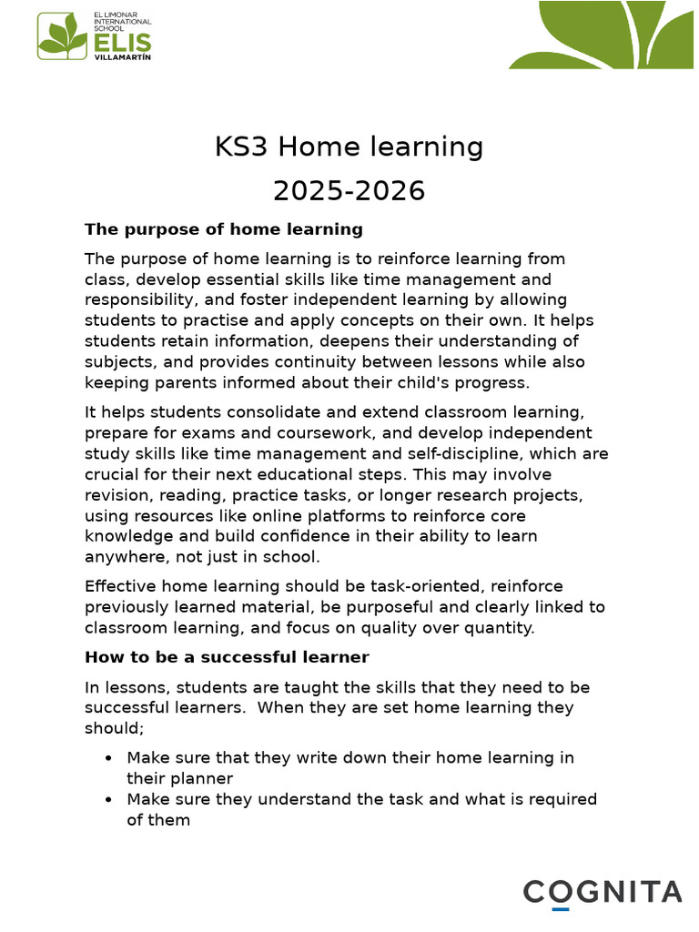 KS3 Home Learning Guide 2025-2026 | PDF | Learning | Study Skills