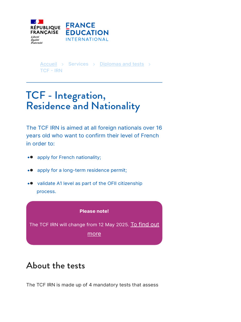 TCF IRN: French Language Test Guide | PDF | Reading Comprehension ...