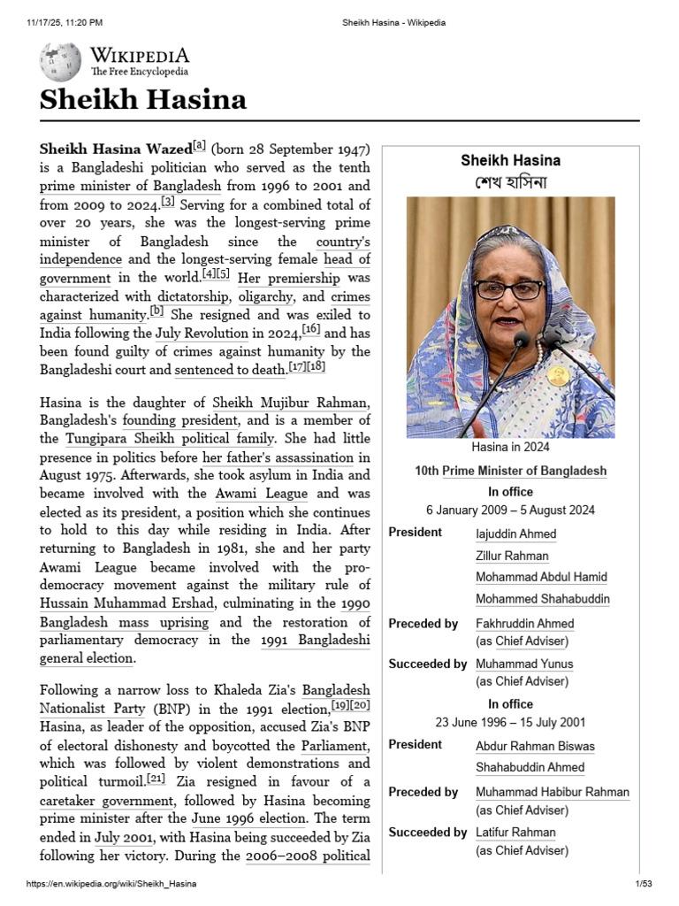 Sheikh Hasina - Wikipedia | PDF | Government | Bangladesh