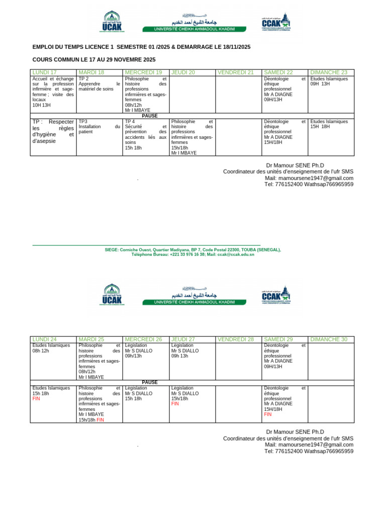 Emploi du temps Licence 1 Semestre 01 2025 | PDF | Allaitement