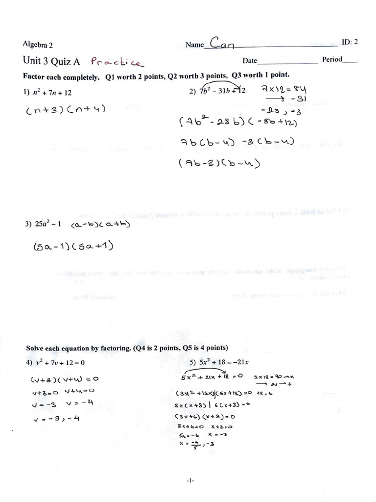 Algebra 2 Quiz: Factoring and Graphing | PDF