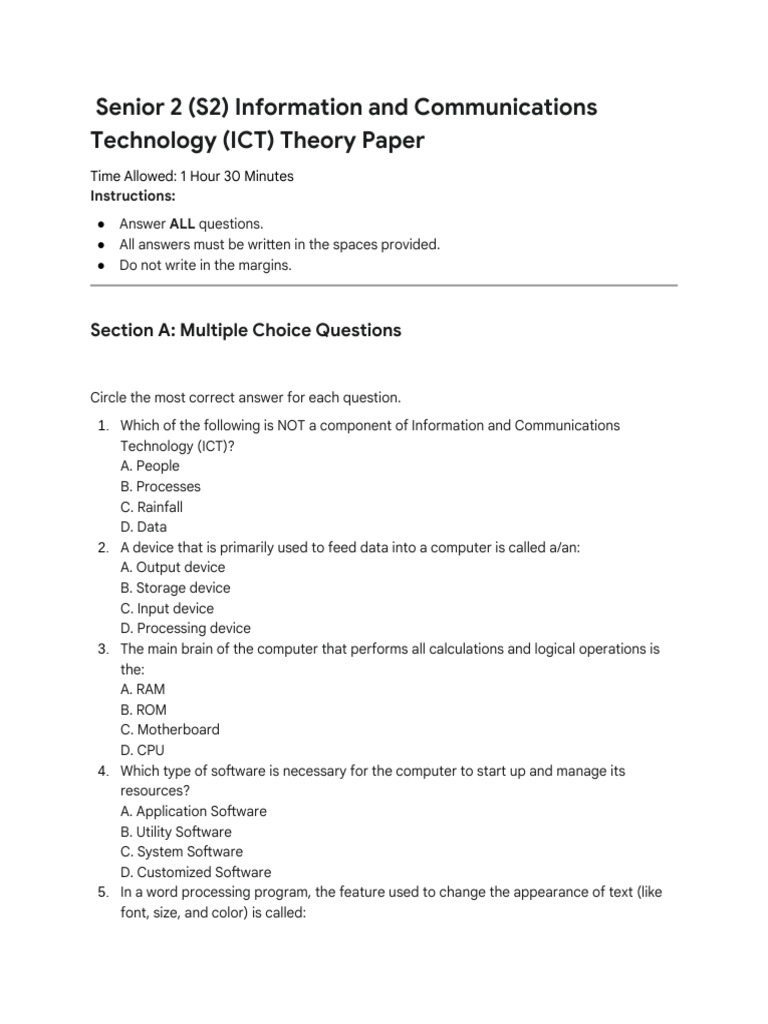 Senior 2 ICT Theory Exam Paper | PDF | Spreadsheet | Computer Data Storage