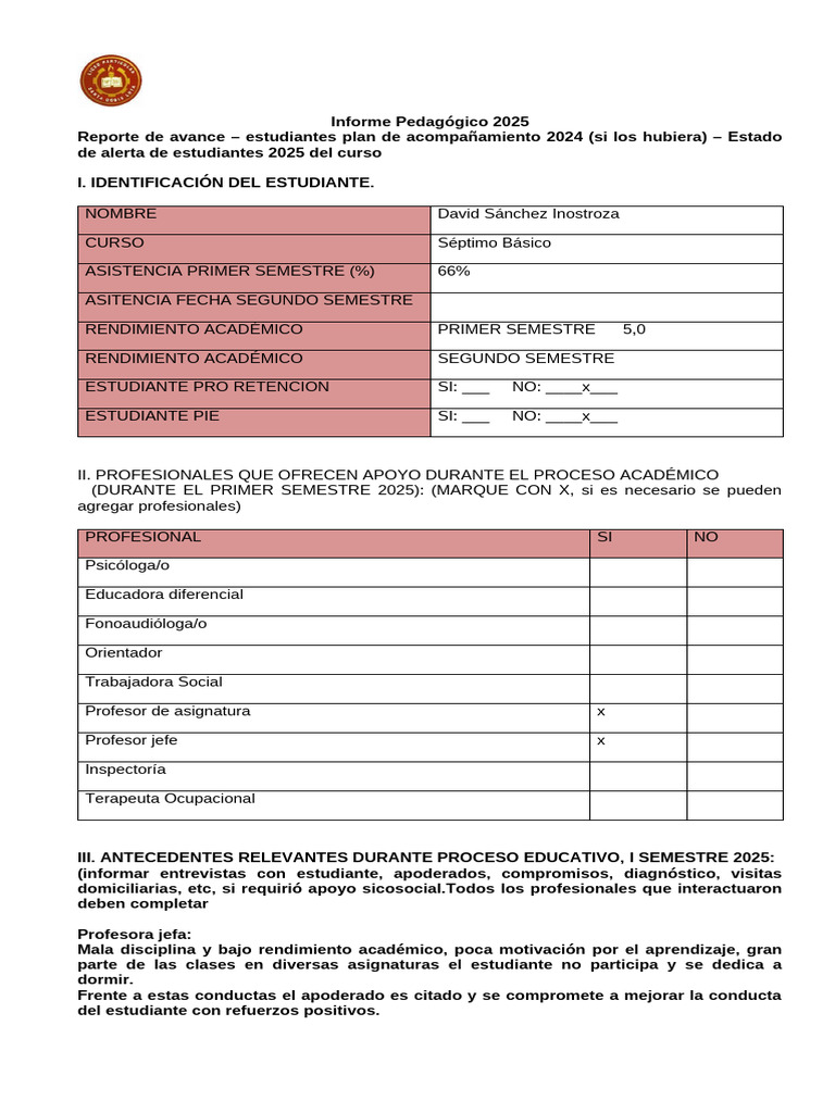 Informe Avance Académico 2025 David Sánchez | PDF | Aprendizaje | Maestros