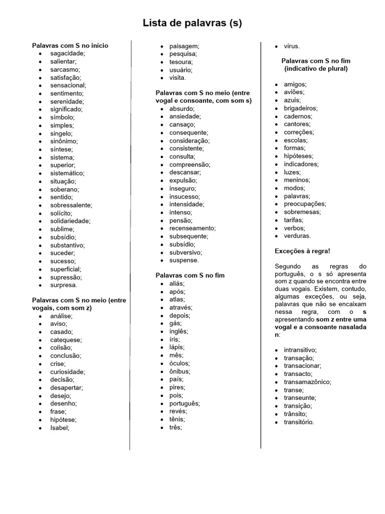 Palavras com S e Z: Regras e Exemplos | PDF | Linguística