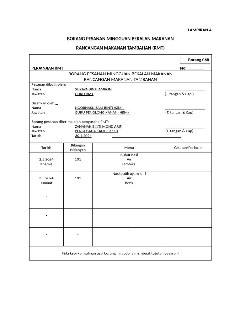 Borang Pesanan Makanan RMT 2024 | PDF