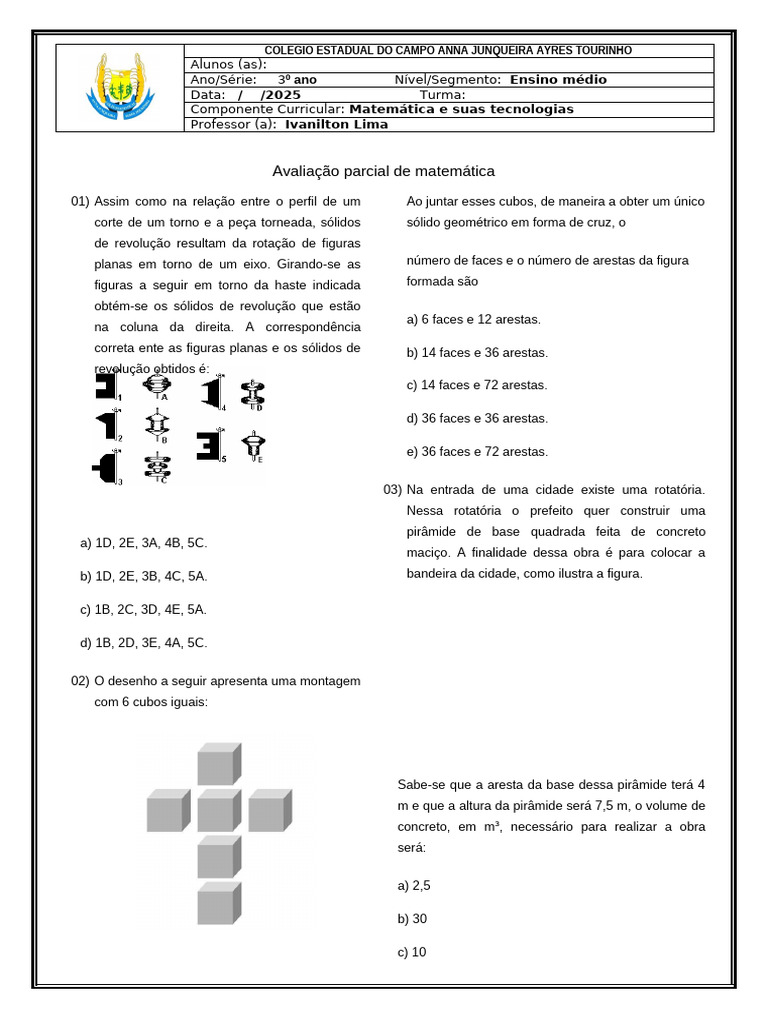 Teste de Matematica 3 Ano III Trimestre | PDF | Formas geométricas ...