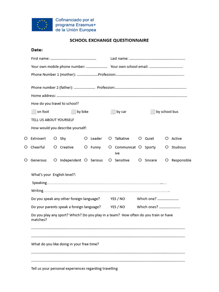 School Exchange Questionnaire Form | PDF