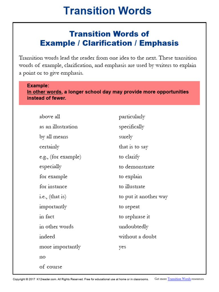 Transition Words Example Clarification Emphasis | PDF