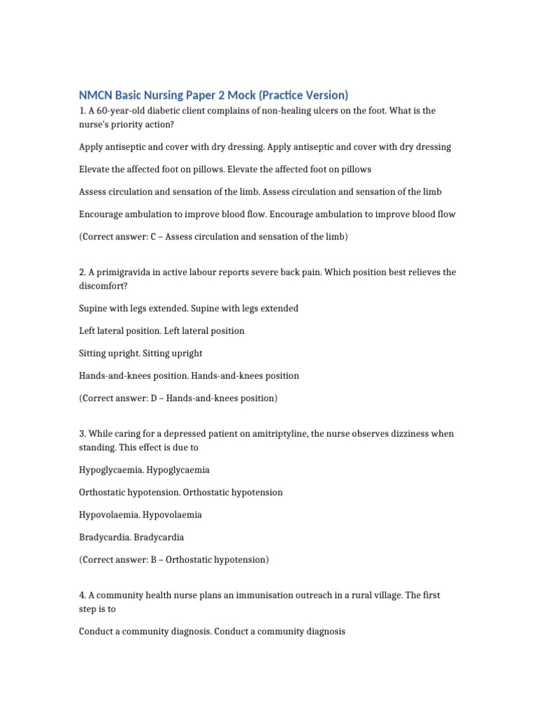 NMCN Basic Nursing Paper2 Mock | PDF | Nursing | Patient