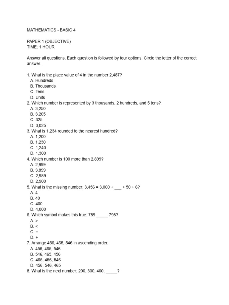 Basic Mathematics Assessment Paper | PDF | Mathematics | Arithmetic