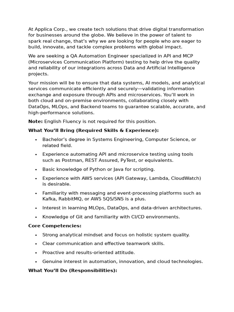 JD - QA Automation Engineer - API & MCP Testing - (30!10!2025) | PDF ...