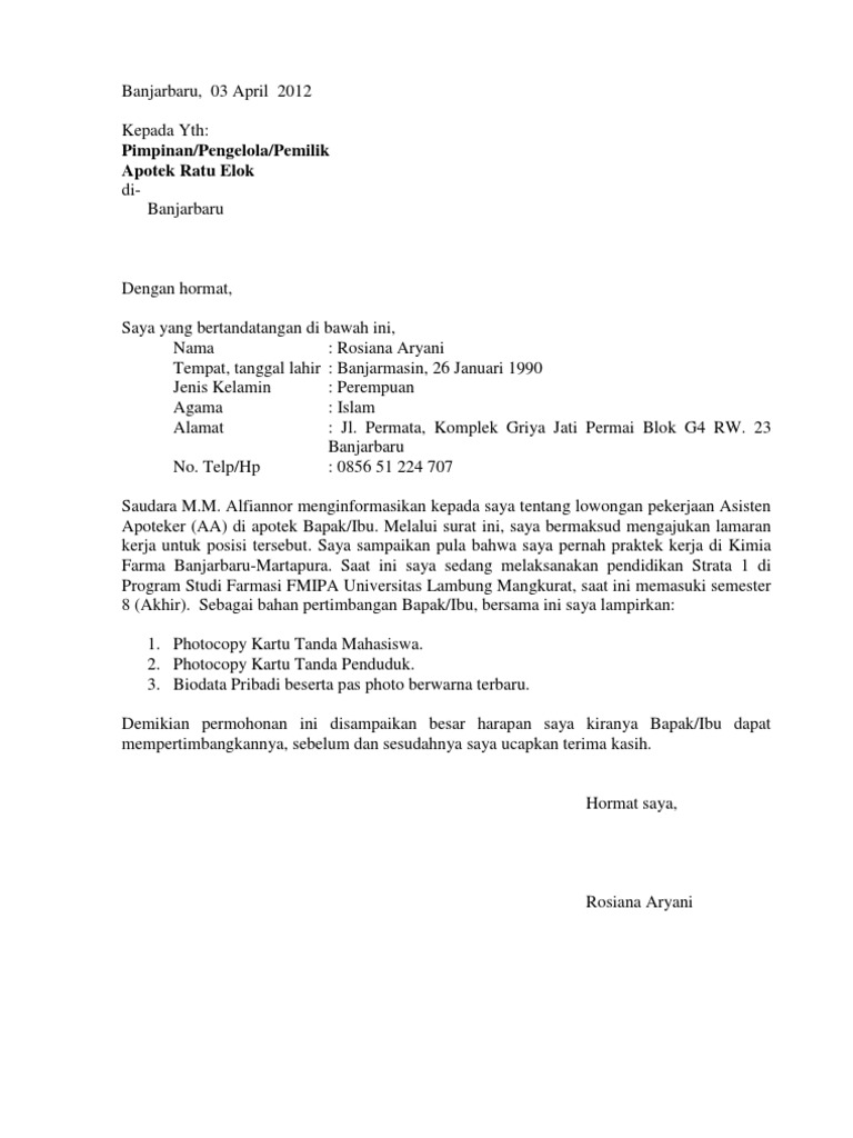 16 Contoh Surat Lamaran Kerja Apotek Kumpulan Contoh Gambar