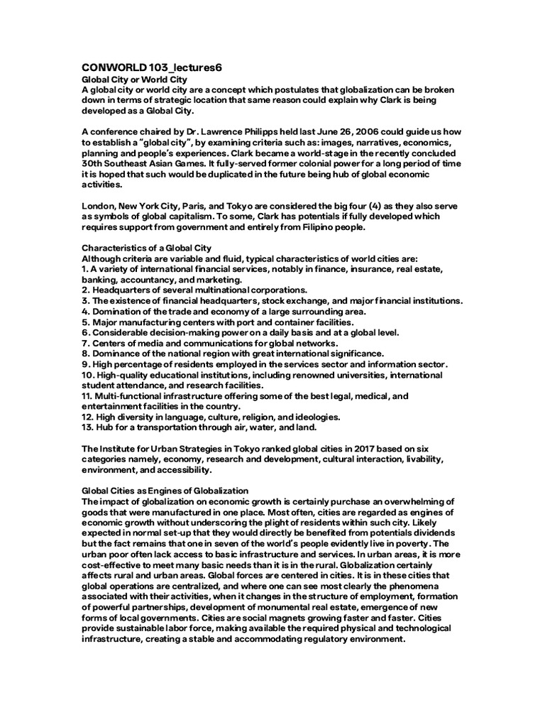 CONWORLD 103 Lectures6 11052025 | PDF | City | Economies
