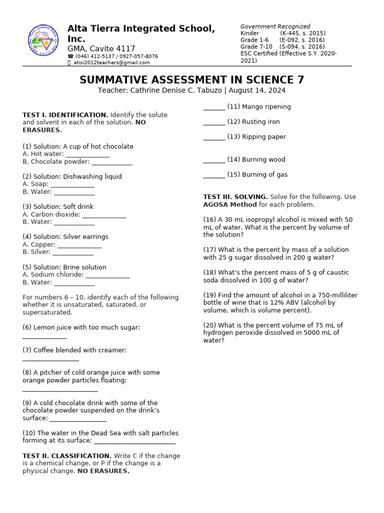 Gr. 7 - Summative Test 1 | PDF | Drink | Water