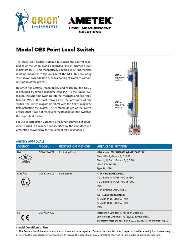 OES Point Level Switch Specifications | PDF | Switch | Electrical Equipment