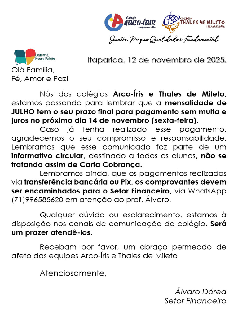 Prazo de Pagamento da Mensalidade Julho | PDF