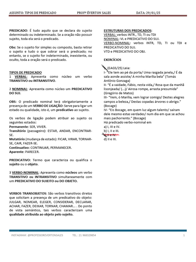 Tipos de Predicado na Língua Portuguesa | PDF | Assunto (gramática ...