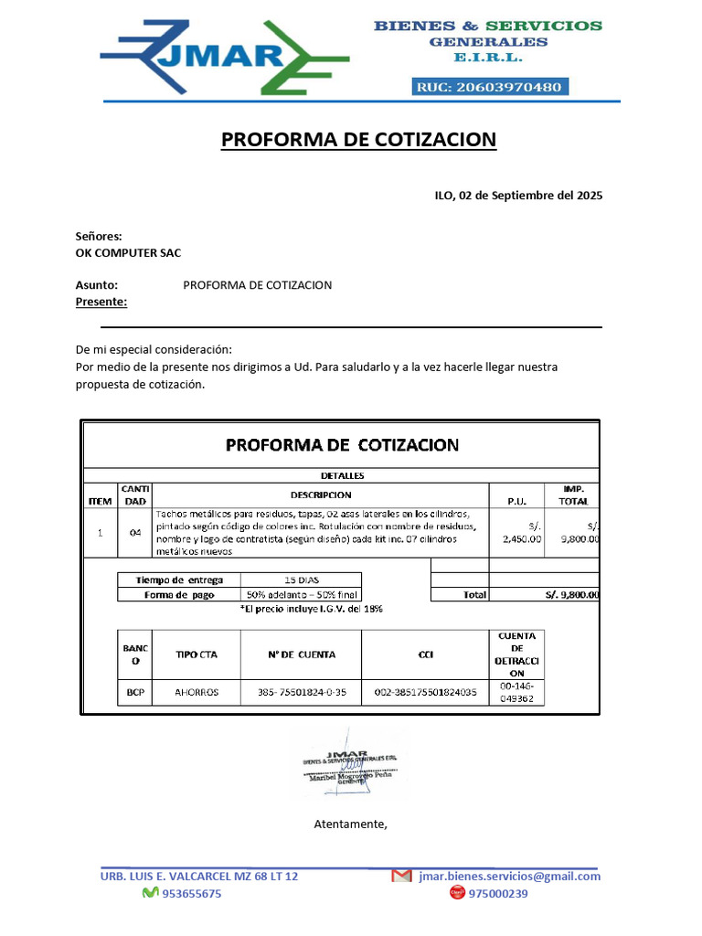 Proforma de Cotización para OK COMPUTER SAC | PDF