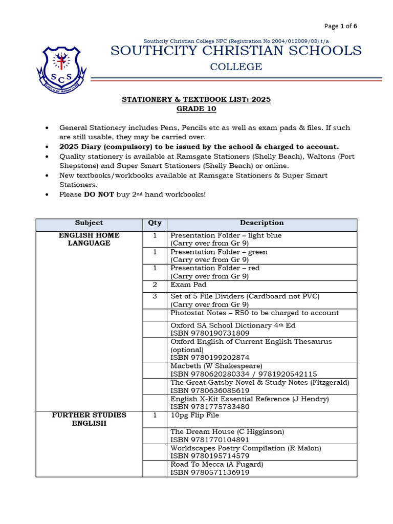 2025 Grade 10 Stationery & Textbooks List | PDF | Pencil | Mathematics