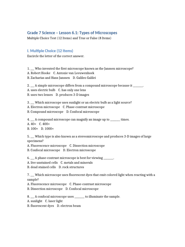 Types of Microscopes Quiz for Grade 7 | PDF | Microscope | Microscopy