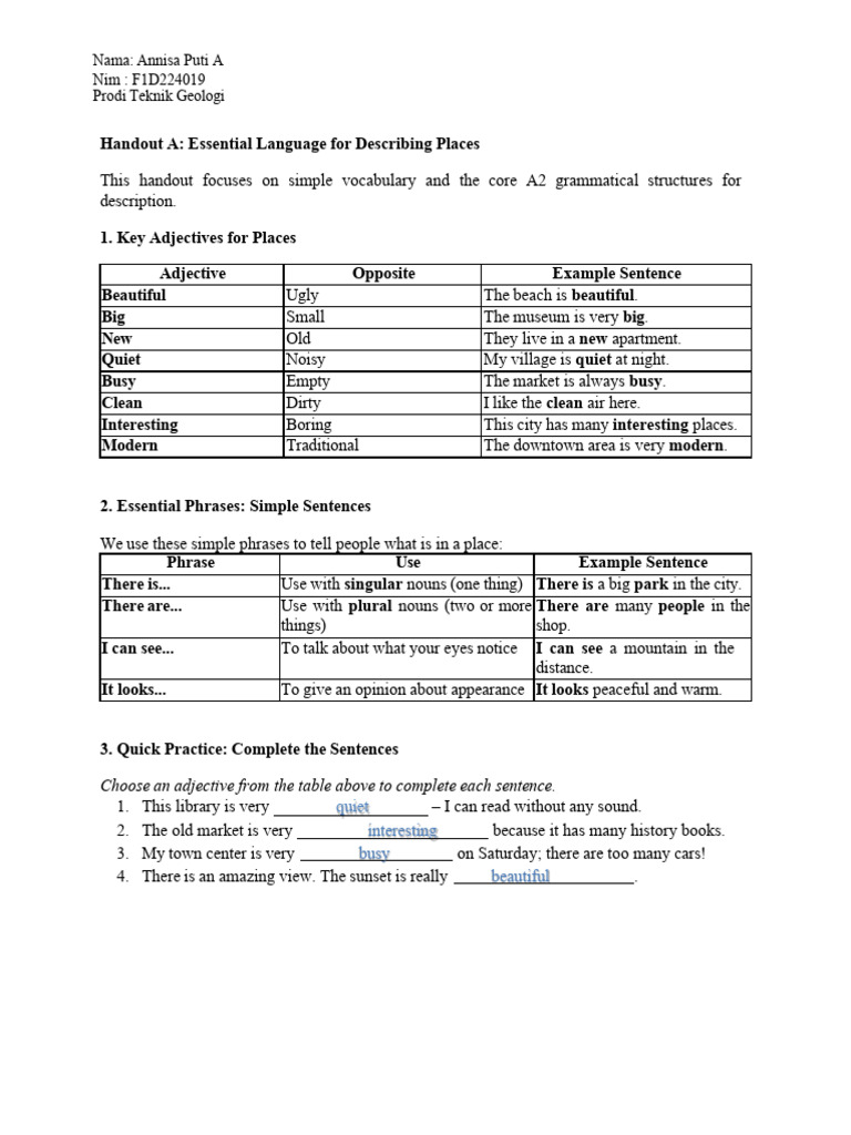 Essential Vocabulary for Place Descriptions | PDF | Adjective ...