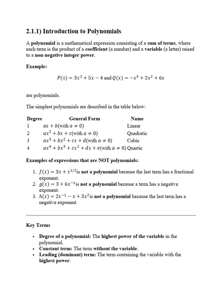 Introduction to Polynomials and Operations | PDF | Division ...
