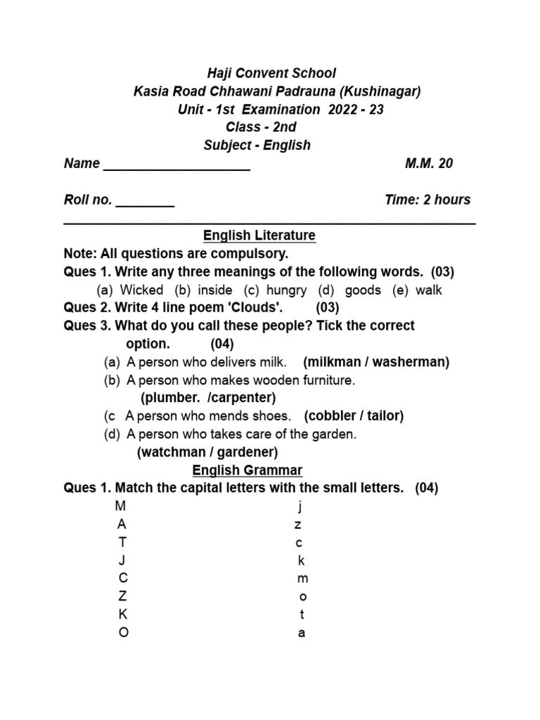 Class 2 English Exam Paper 2022-23 | PDF