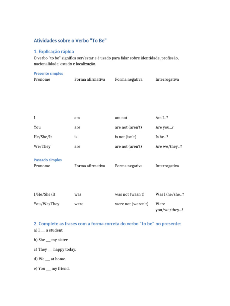 Atividades sobre o Verbo "To Be" | PDF