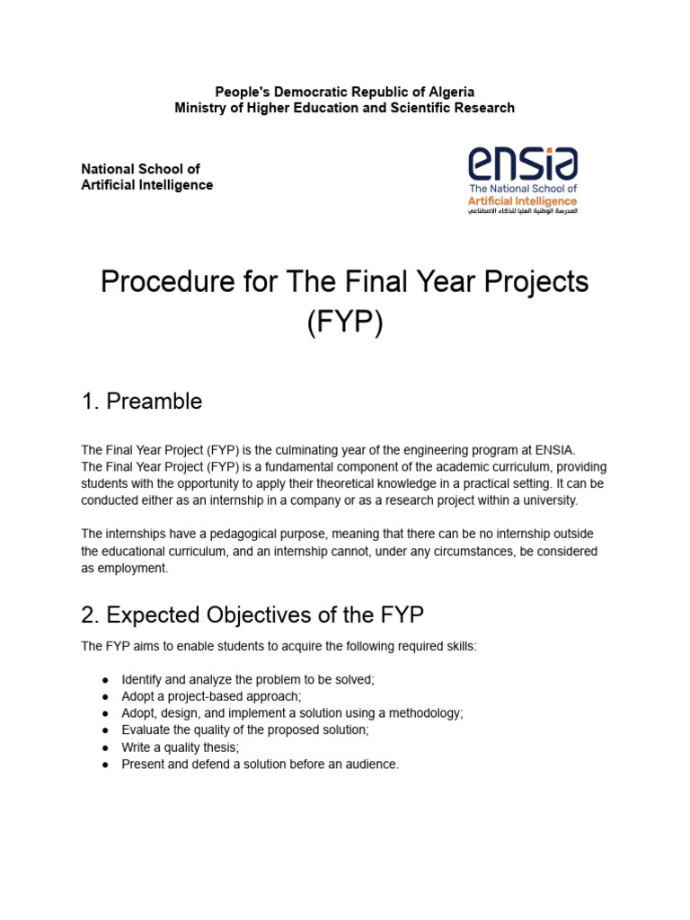 Final Year Project Procedure at ENSIA | PDF