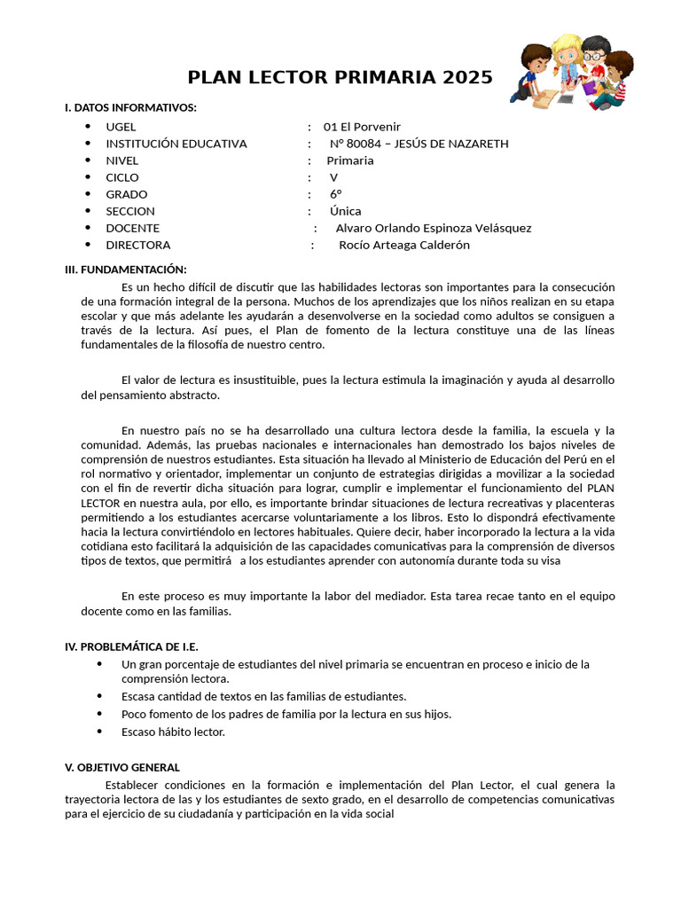 Plan Lector 2025 para Primaria | PDF | Educación primaria | Comprensión ...