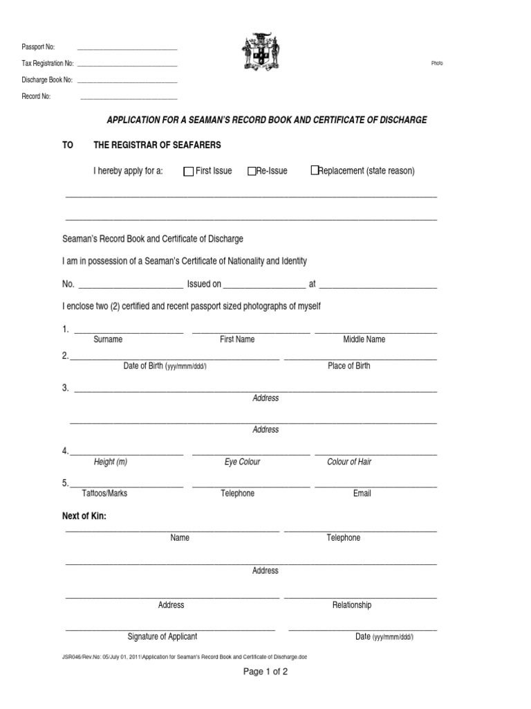 Application For Seaman's Record Book and Certificate of Discharge | PDF ...
