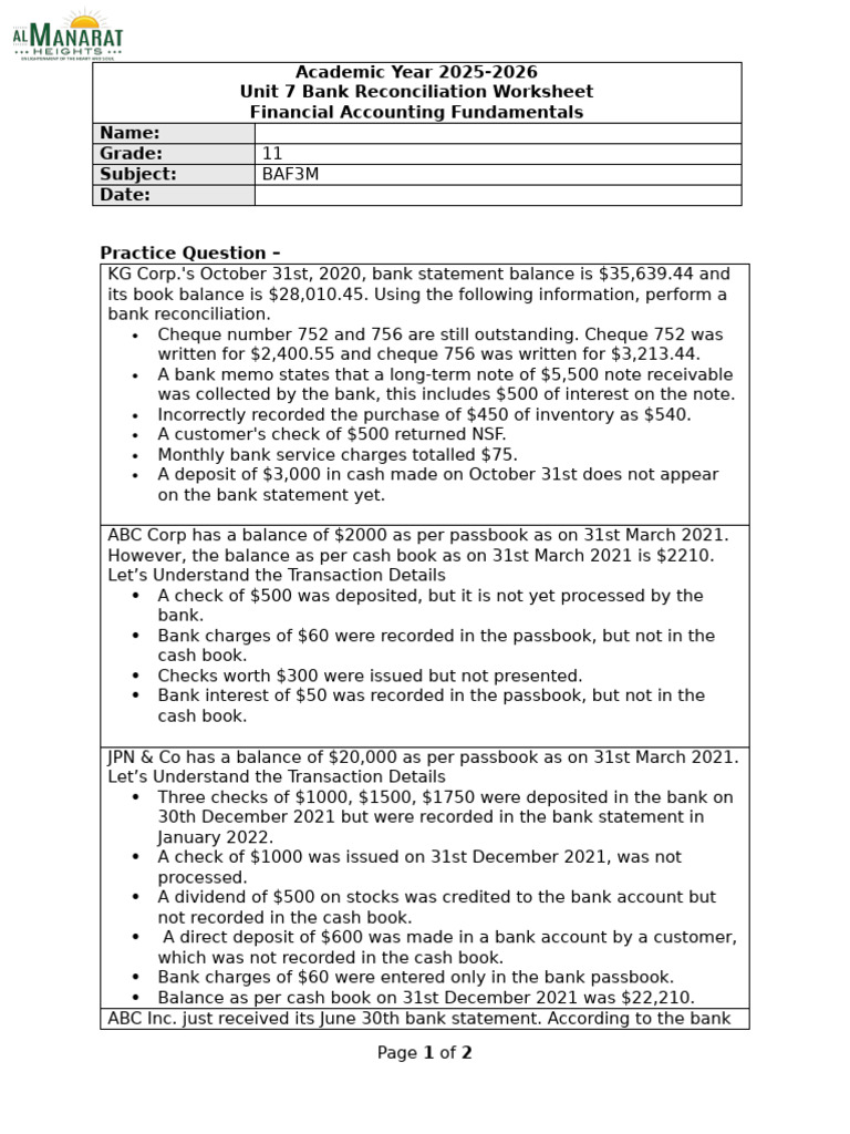 Bank Reconciliation Practice Questions | PDF | Banks | Service Industries