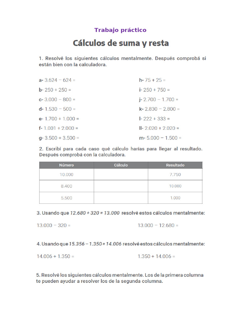 Trabajo Práctico-SUMAS Y RESTAS | PDF