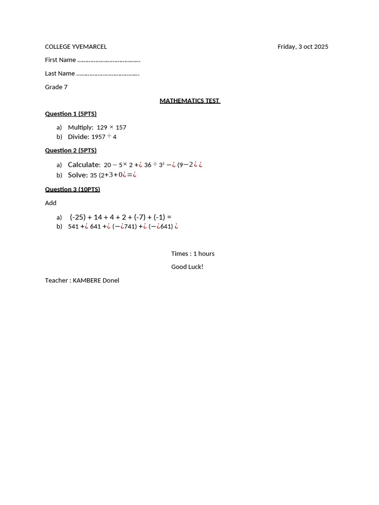 Grade 7 Mathematics Test Document | PDF