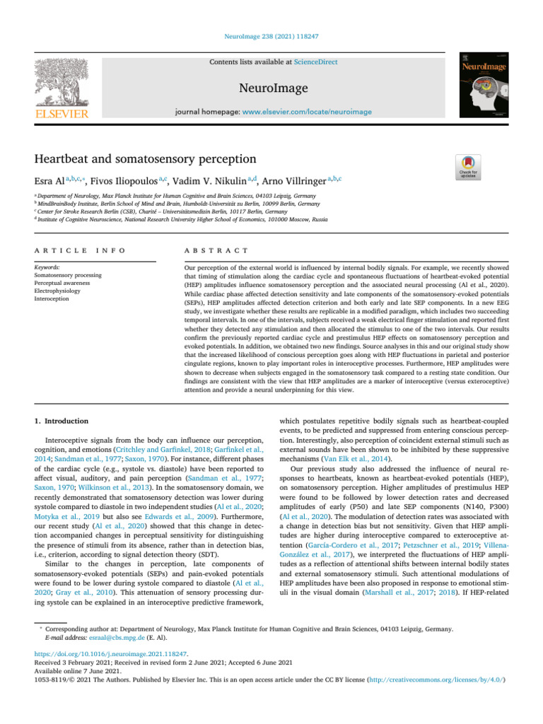 Heartbeat and Somatosensory Perception | PDF | Perception ...