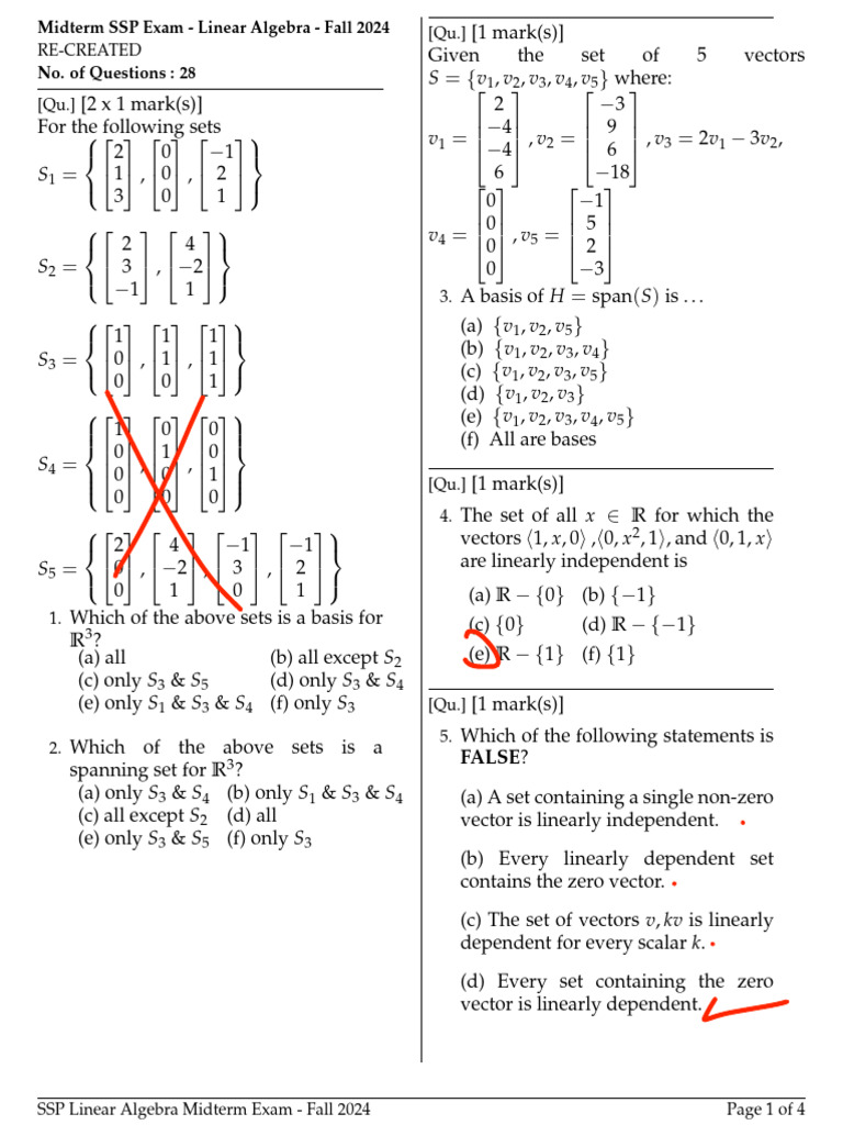 Linear Algebra Midterm Exam Fall 2024 | PDF | Linear Subspace | Vector ...