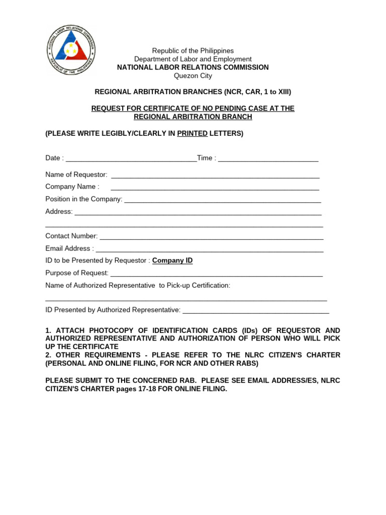 Request for NLRC Certificate Process | PDF