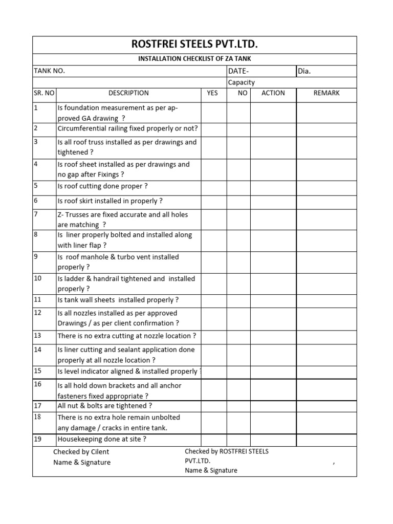 ZA Tank Installation Checklist | PDF