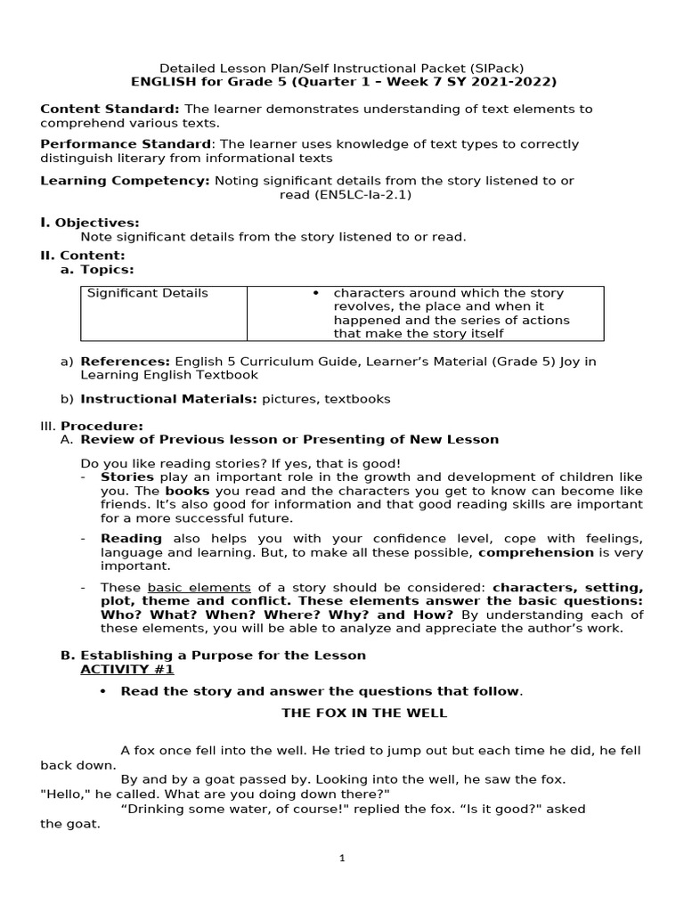 Grade 5 English Lesson Plan: Noting Details | PDF | Reading Comprehension