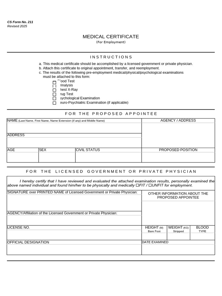 Employment Medical Certificate Form 2025 | PDF | Test (Assessment ...
